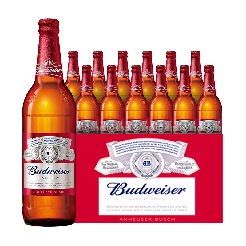 百威啤酒budweiser经典黄啤 美式拉格啤酒600ml*12瓶整箱装