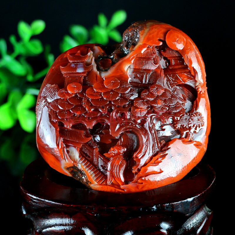 南红玛瑙柿子红松下雅乐摆件 685g 【隆菲珠宝】