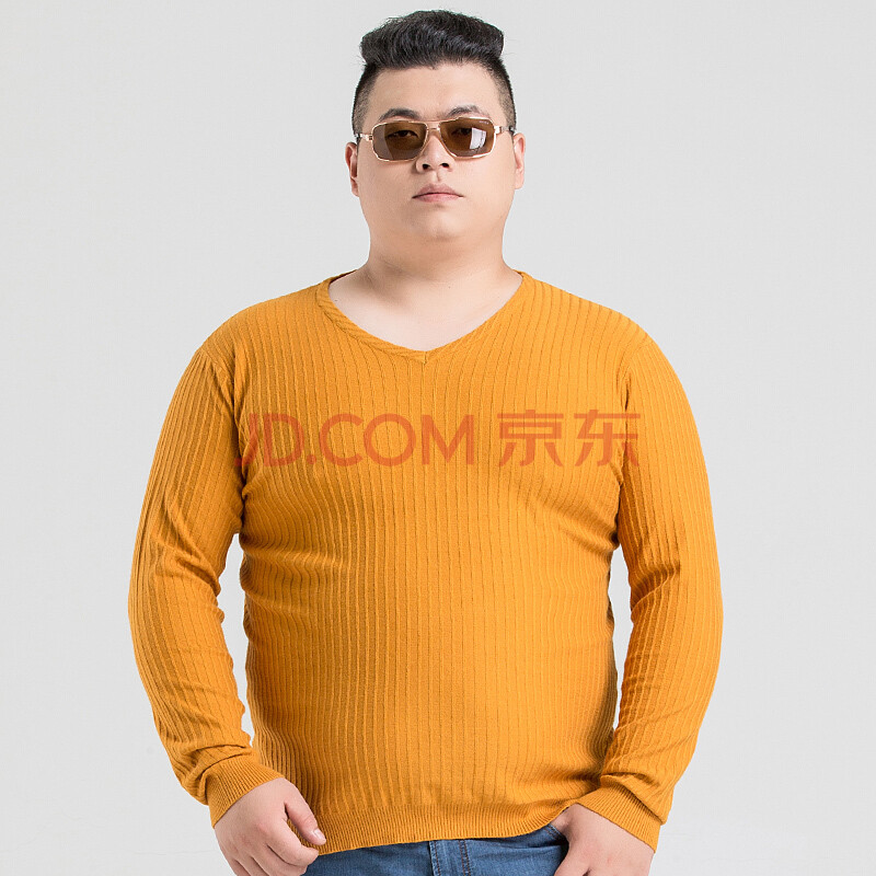 加肥加大男士长袖针织衫宽松款肥佬特大码针织衫男v领胖子打底衫 黄色