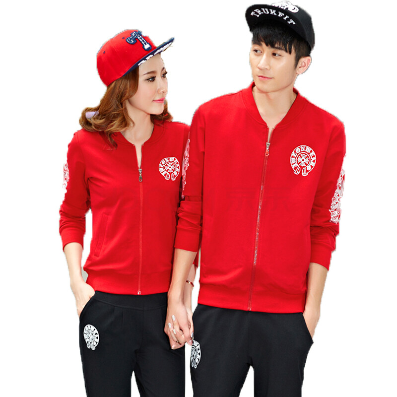 情侣款春季新款长袖三件套休闲运动服修身显瘦男女运动装9319 红色 男