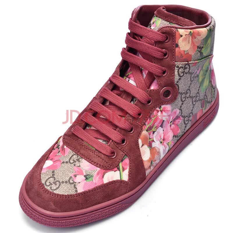 gucci 古驰 gucci女鞋 女士花色pu配皮双g天竺葵印花系带高帮平底鞋