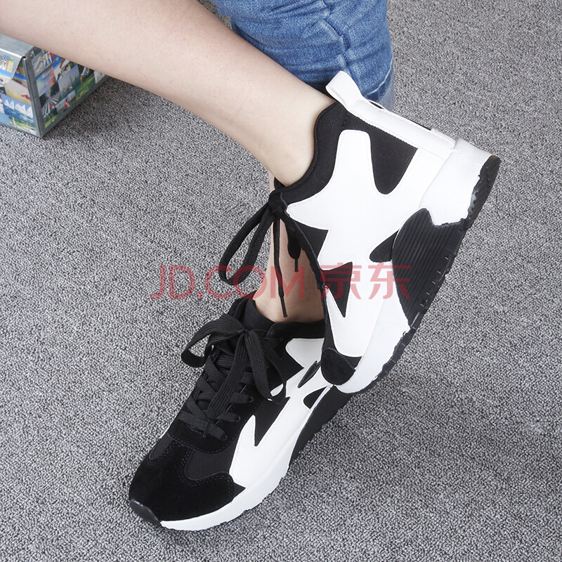 抽象鸟 冬季新款保暖休闲鞋增高鞋系带高帮厚底跑步单鞋平底女 黑色