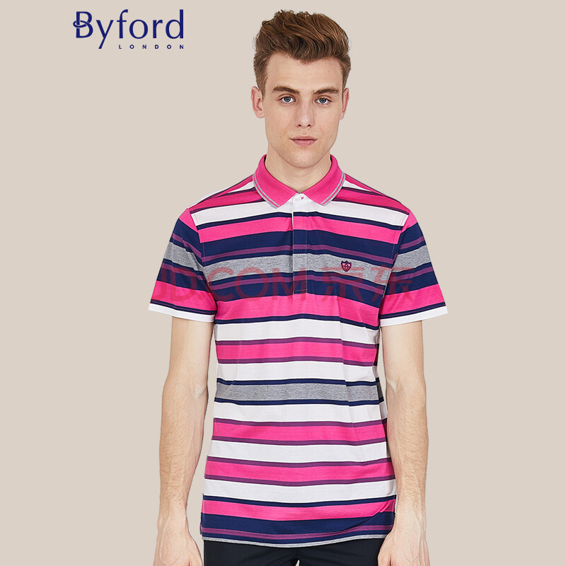 byford/百富男士条纹商务短袖t恤丝光棉翻领短袖poli衫-mw82523 粉红
