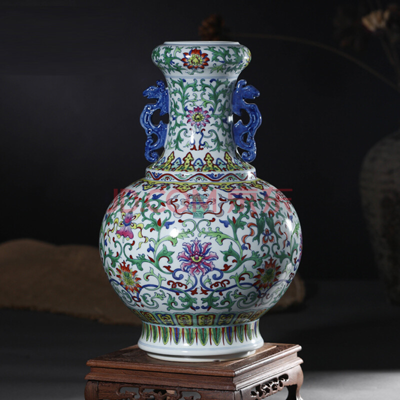 梵尼威 景德镇陶瓷器仿古手绘青花斗彩缠枝莲双耳瓶客厅玄关装饰品