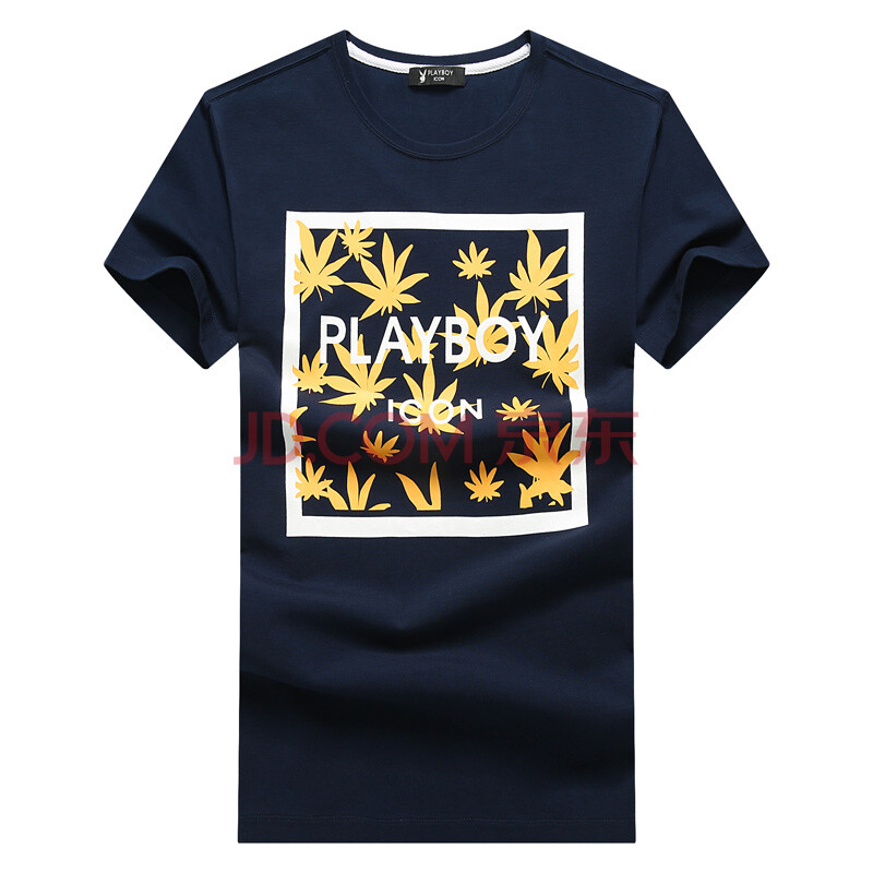花花公子(playboyicon)d1a016 经典休闲枫叶图案印花男短袖t恤 藏青