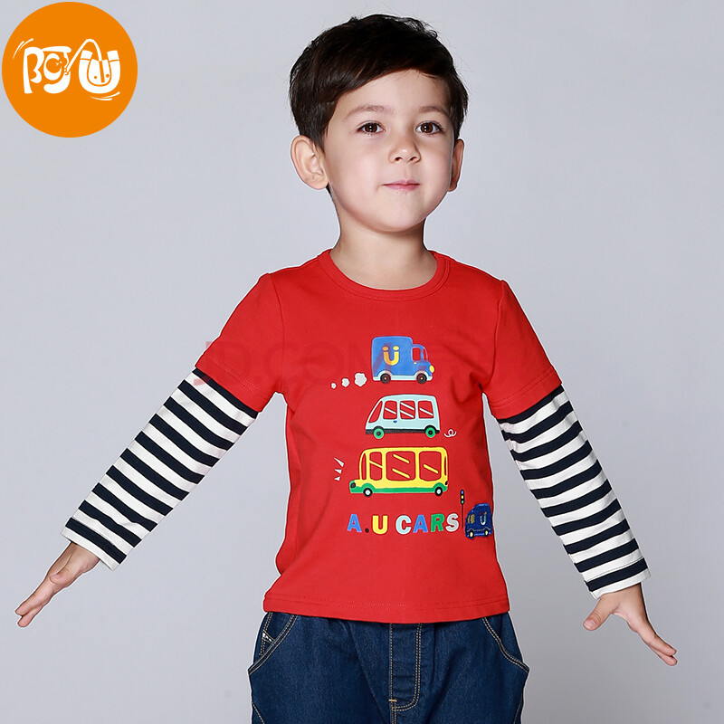阿u童装 春装男童条纹拼接纯棉卡通长袖t恤 红色 130