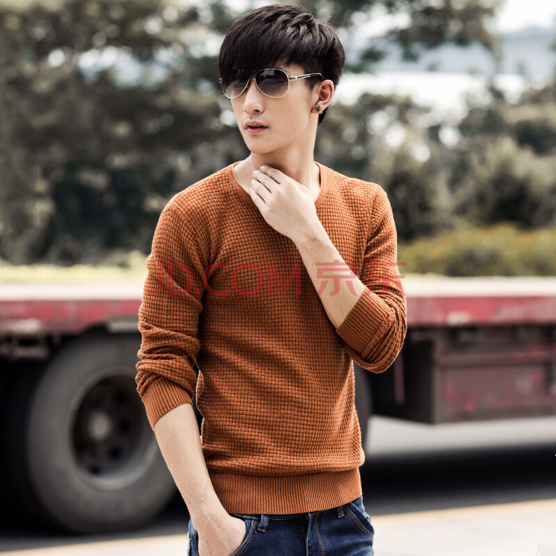 穆杉 长袖t恤男秋季薄款v领针织衫男毛衣男士t恤休闲打底衫 巧克力色