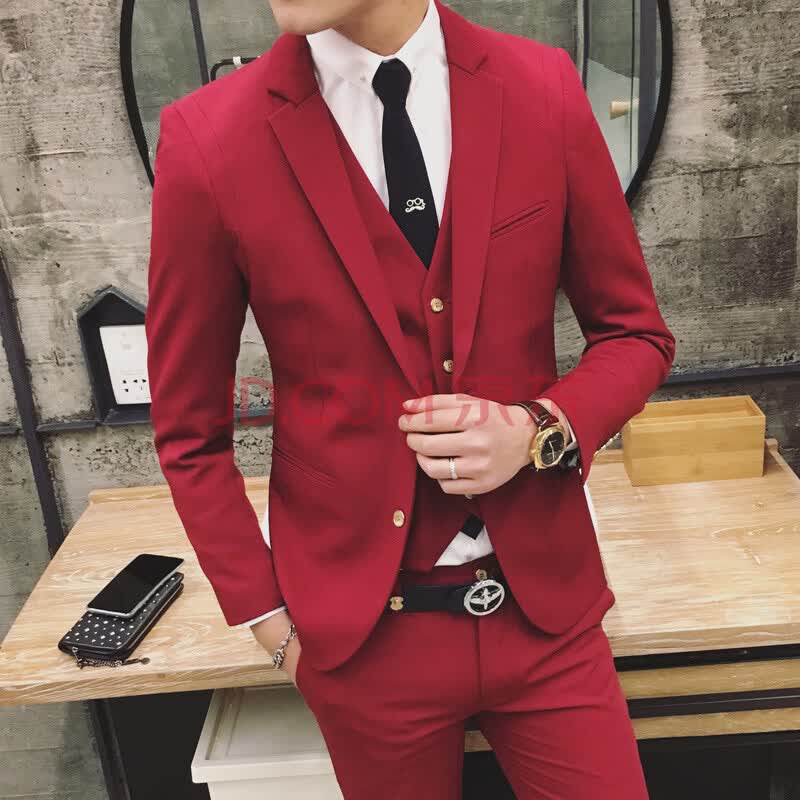 春装韩版商务休闲纯色西装三件套装潮男修身西服新郎结婚礼服 酒红色