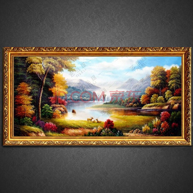艺色里欧式古典山水风景纯手绘油画客厅办公室装饰画聚宝盆三只小鹿