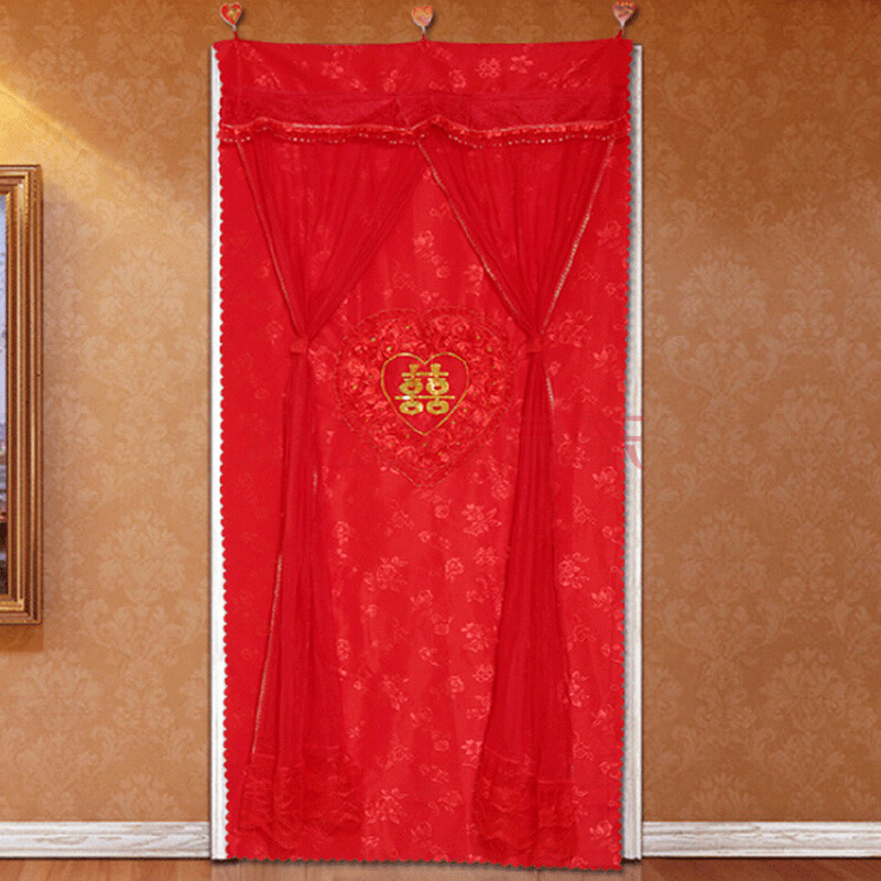 婚庆用品 婚房喜字红门帘 双层蕾丝绣花刺绣婚庆布艺长门帘结婚新房