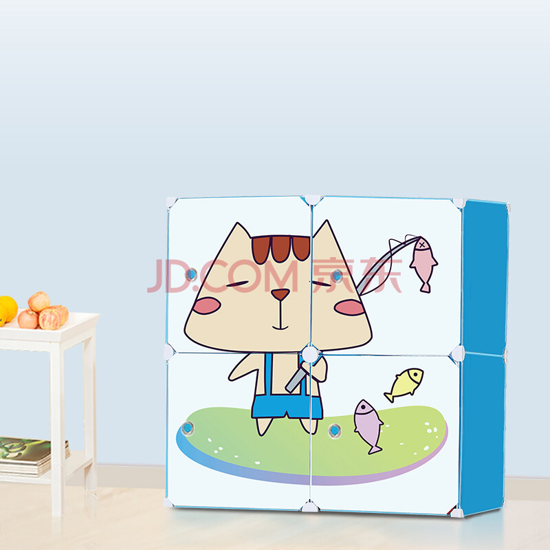 艾能 简易衣柜 小猫钓鱼儿童卡通收纳柜 粉红色 四字四格加深款无挂杆