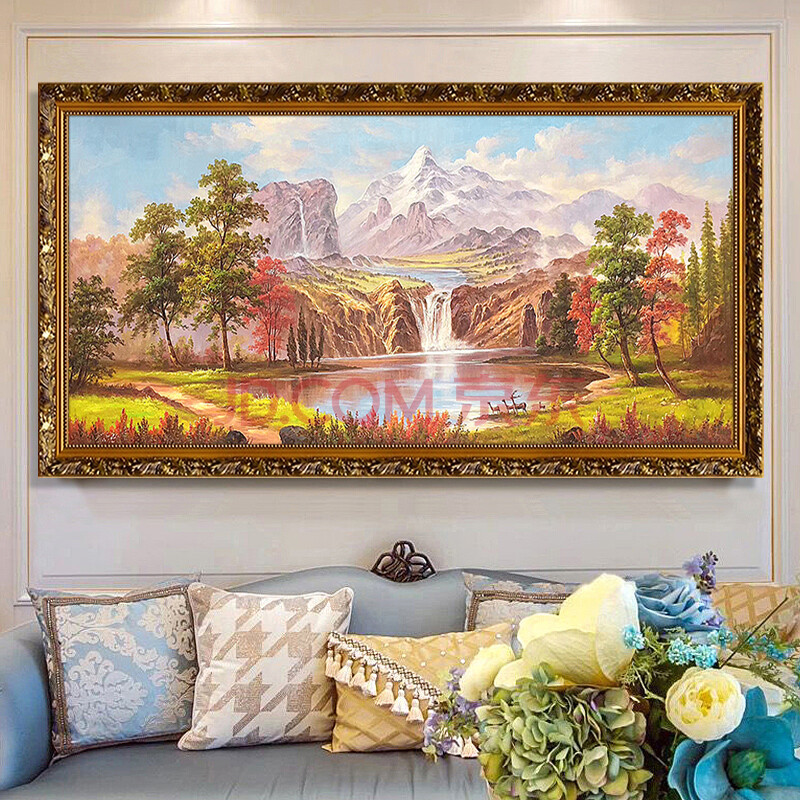 纯手绘欧式客厅卧室装饰画美式山水风景画聚宝盆油画挂画壁画横版 d款