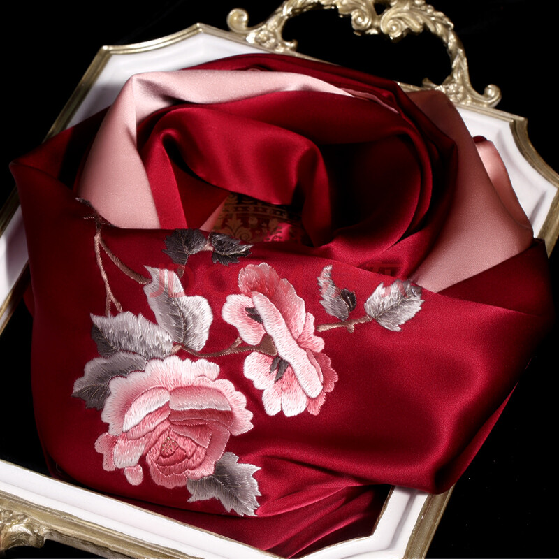 苏绣真丝围巾桑蚕丝绣花丝巾缎面旗袍小披肩苏州丝绸刺绣礼品 酒红色