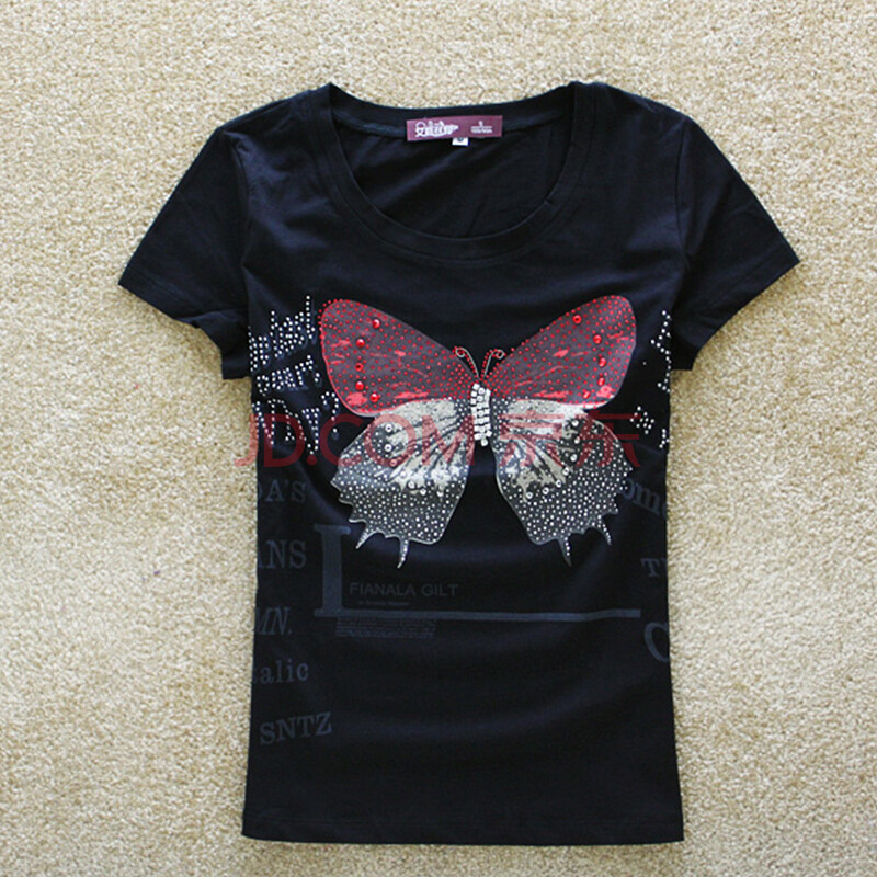 艾路丝婷短袖t恤女2016新款夏装蝴蝶印花民族风纯棉体恤m3302 黑色 l