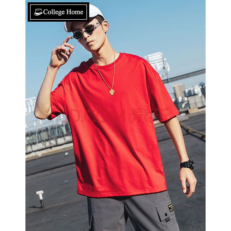 纯棉半袖丅恤国潮男士短袖t恤男潮流宽松体恤上衣服男装日系潮牌 红色