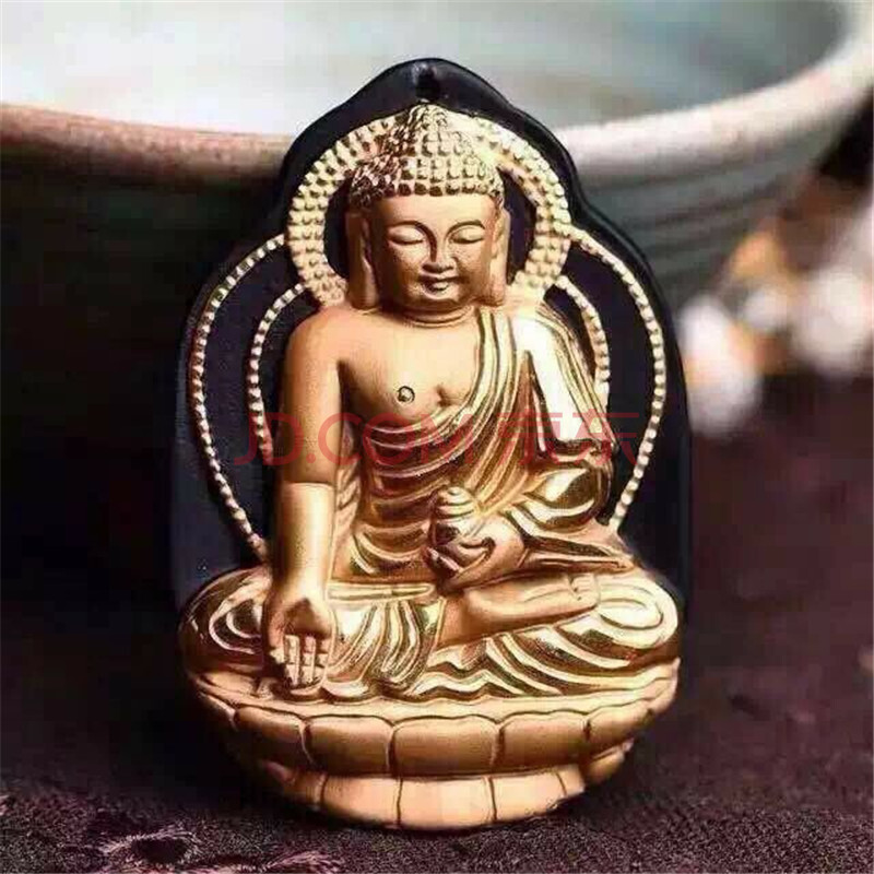 镀金天然黑曜石大日如来吊本命佛男士项链 珠链款