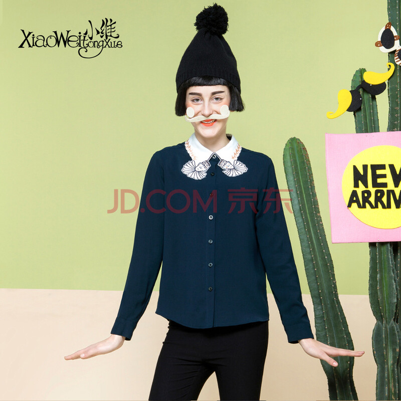 小维2015春季新款原创插画ピエロ密拷刺绣翻领长袖雪