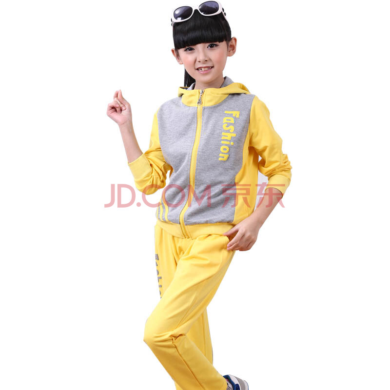 新款儿童运动套装女孩衣服春秋季纯棉卫衣套装 黄色 140(建议身高1