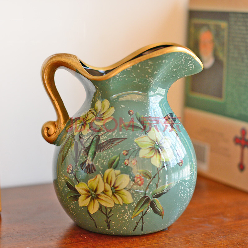 墨菲 美式乡村彩绘花鸟台面花瓶欧式田园陶瓷工艺家居装饰摆件干花插