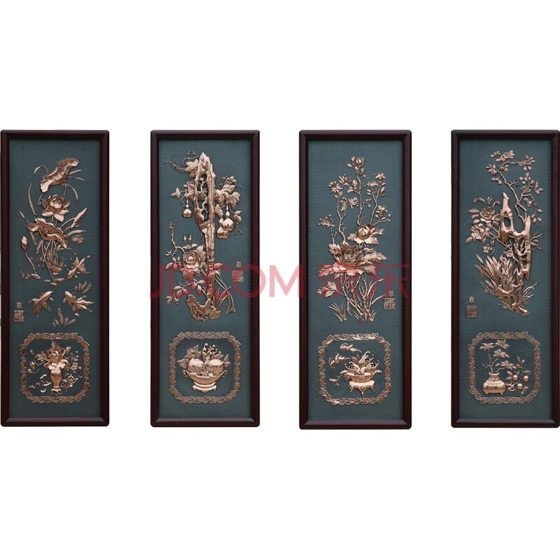 三奇帝 紫铜浮雕四条屏万寿长春 客厅挂屏 室内装饰 开业乔迁礼品