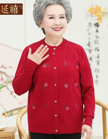 延禧中老年人秋装女老太太毛衣老年妈妈针织衫上衣薄外套70岁奶奶冬装