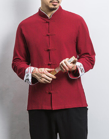 本命年男士红色衬衣春秋季唐装外套潮仙鹤刺绣立领盘扣中山装 中国红