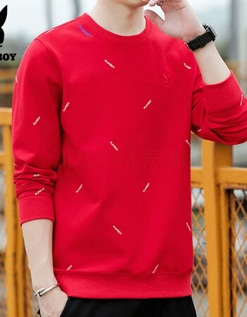 花花公子卫衣男宽松潮流百搭长袖t恤男士红色本命年春季上衣服打底衫