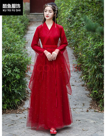 红色汉服婚服女薄款广袖流仙裙中国风改良版连衣裙仙气古装酒红珍珠