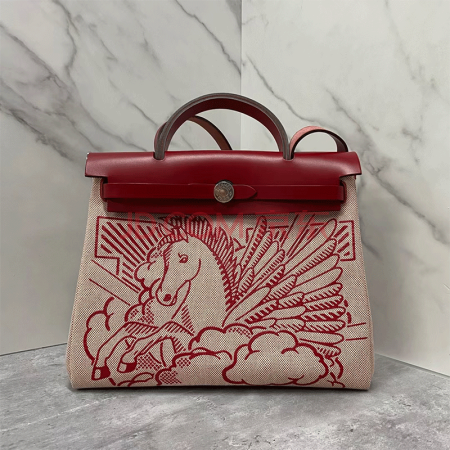 【二手99新】愛馬仕hermes herbag31紅色飛馬銀扣帆布拼皮手提單肩斜