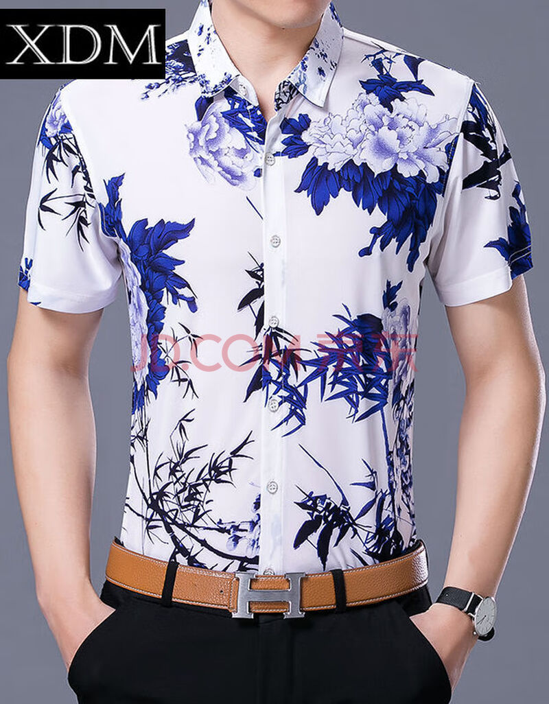夏季男士短袖花衬衫龙图案印花柔滑大码时尚休闲半袖潮男衬衣 青花瓷