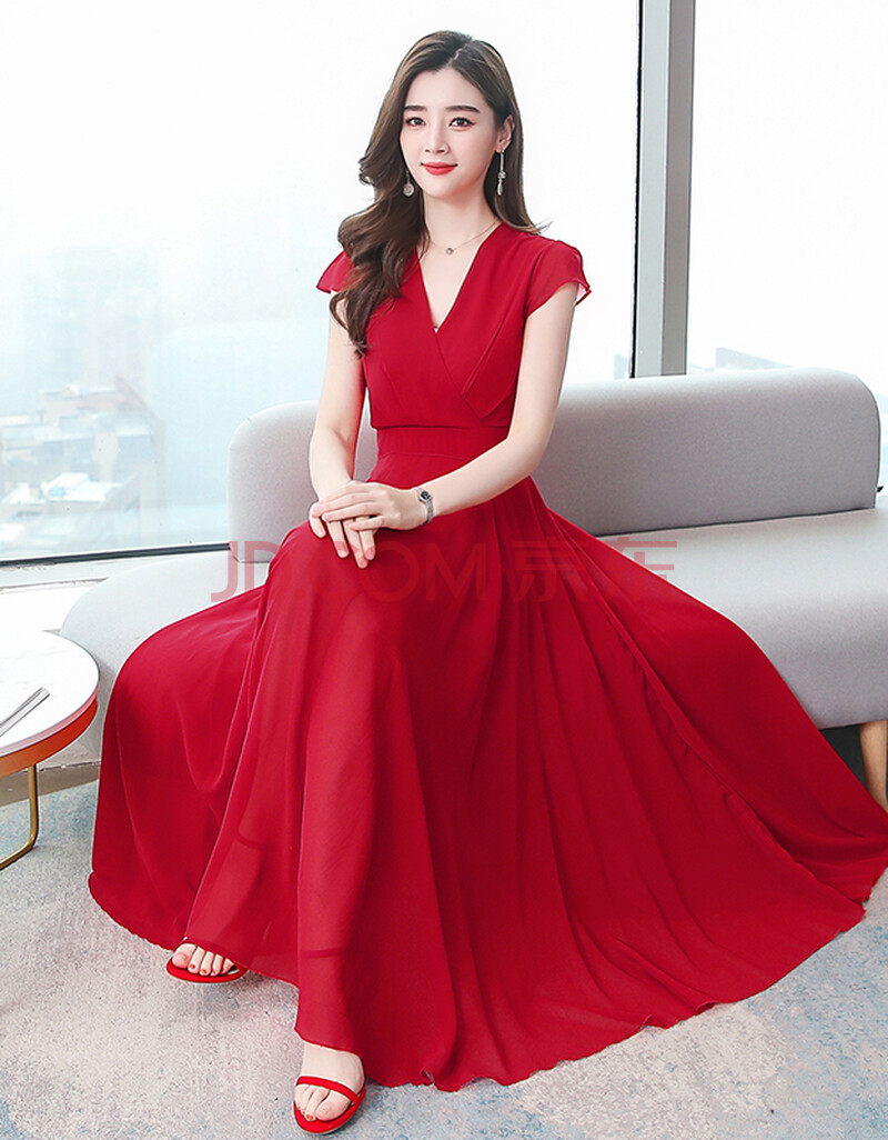 召香2020新款流行夏季沙滩裙子红色雪纺连衣裙女长款修身显瘦长裙仙