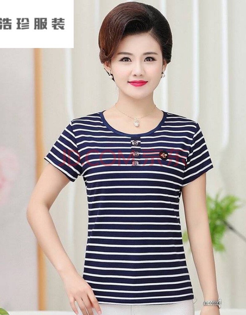 中老年女装夏装上衣中年妈妈条纹短袖纯棉t恤妈妈装全棉女式汗衫wqq
