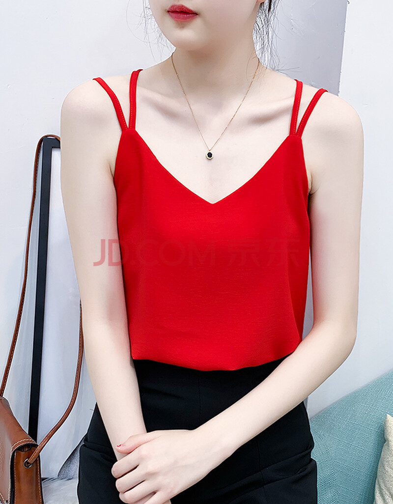 雪纺衫女小吊带2021夏季新款韩版交叉美背无袖上衣v领内搭背心女 红色