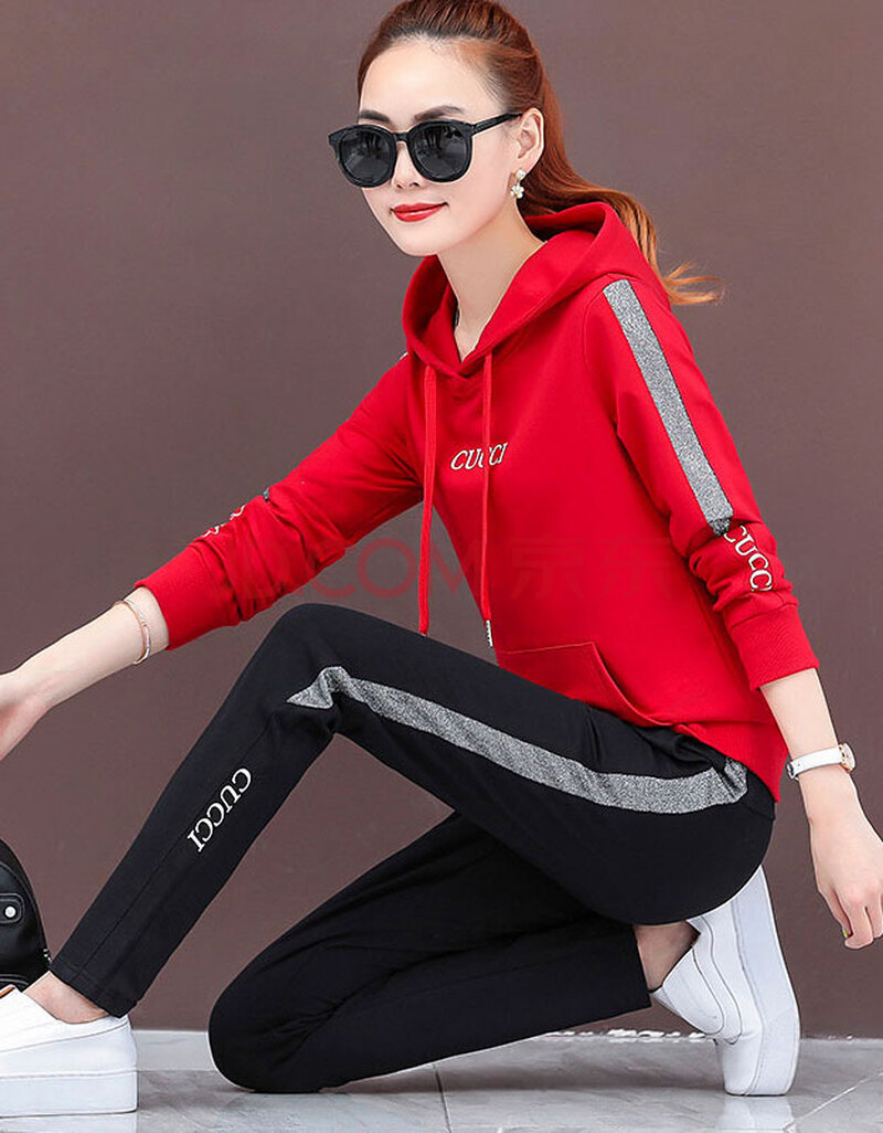运动套装女2021新款韩版时尚宽松显瘦潮牌时尚休闲服两件套女 红色