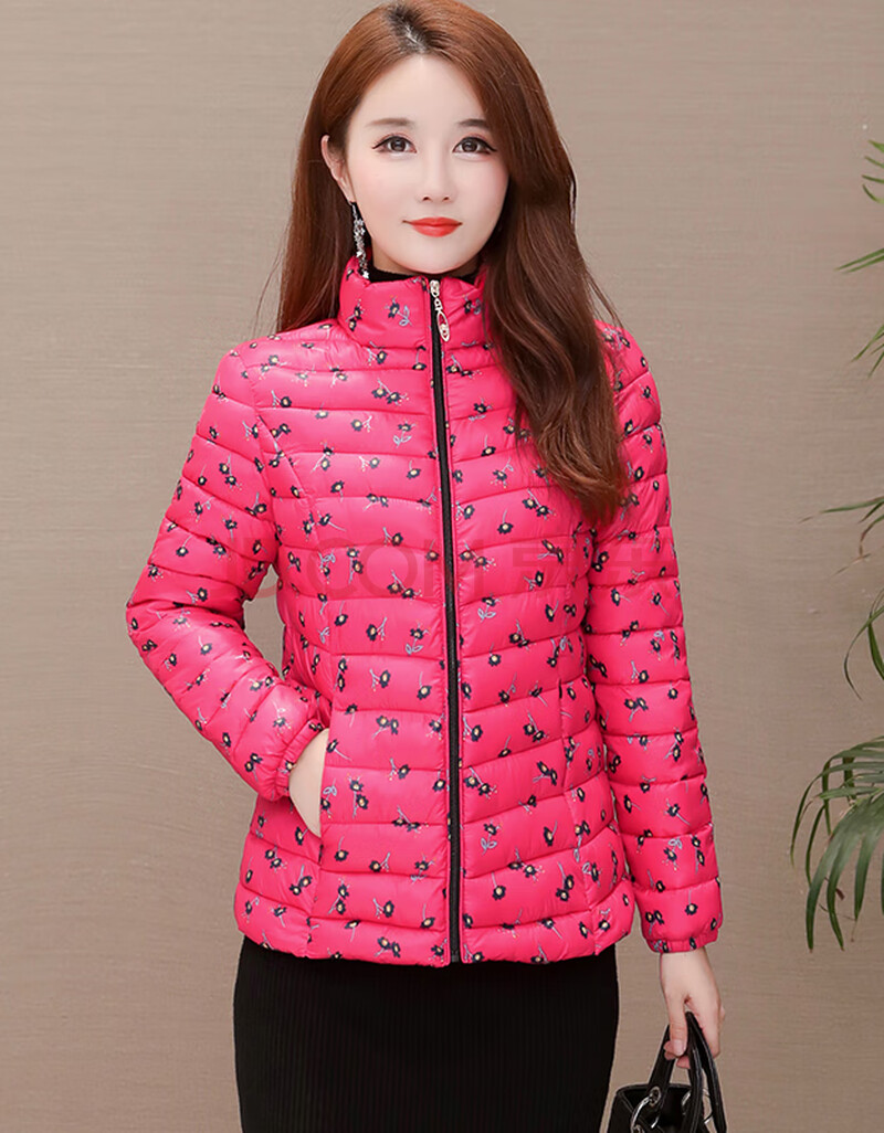 新品服2020轻薄修身小棉袄薄棉衣女短款秋冬棉服外套时尚小花袄 玫