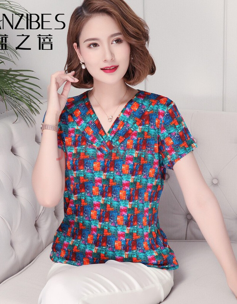 蓝之蓓夏季真丝短袖女士上衣 桑蚕丝大码宽松t恤中年印花小衫时尚妈妈