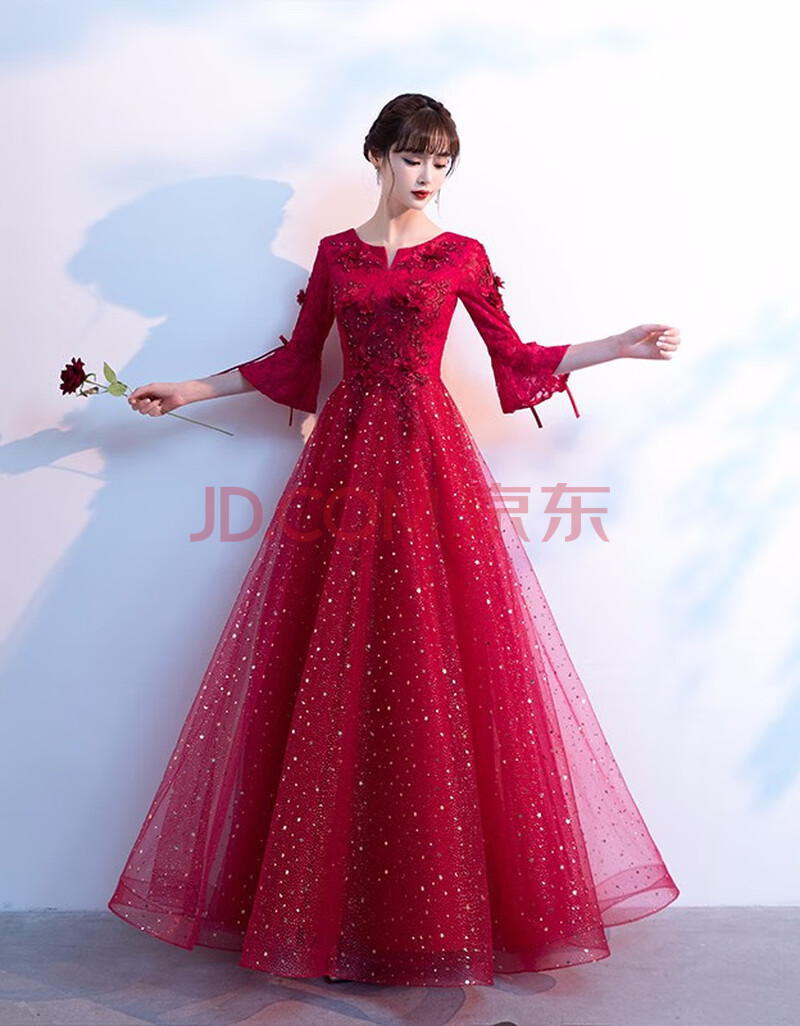 敬酒服新娘2020新款夏季蕾丝大码显瘦胖mm结婚礼服女长款 深红色长款