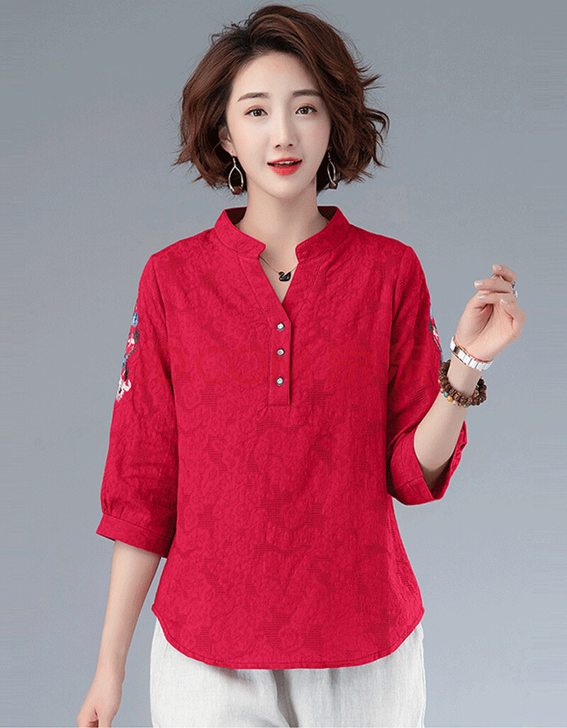 凯珞琦棉麻女装衬衫女2020秋装新品韩版宽松休闲百搭提花刺绣大码遮肚
