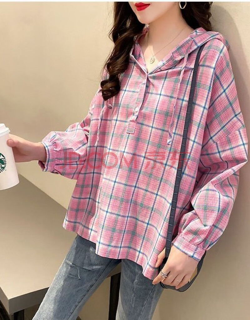 晒衬衣女薄款休闲套头上衣女大码宽松连帽抽绳秋新款格子衬衫女 粉色