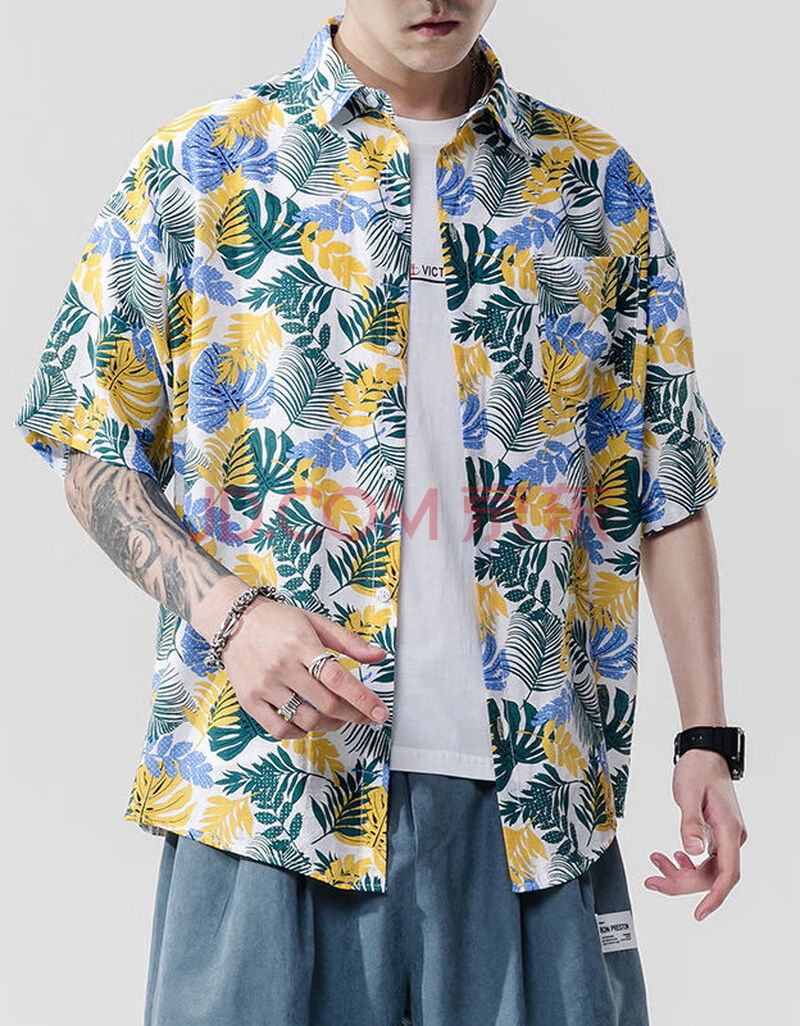 胖子港风花衬衫男短袖加肥大码韩版潮流度假夏威夷风沙滩衬衣半袖 鸡