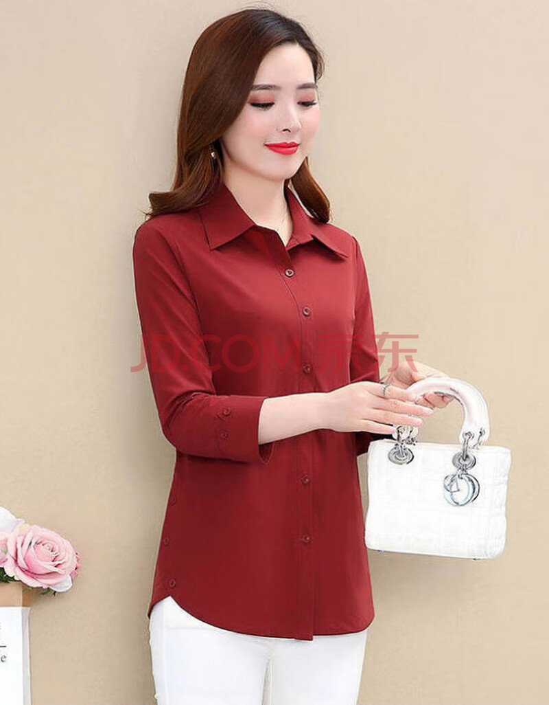 中年装宽松女衬衫长袖春款洋气遮肚子中长款衬衣 酒红色 l 85-100
