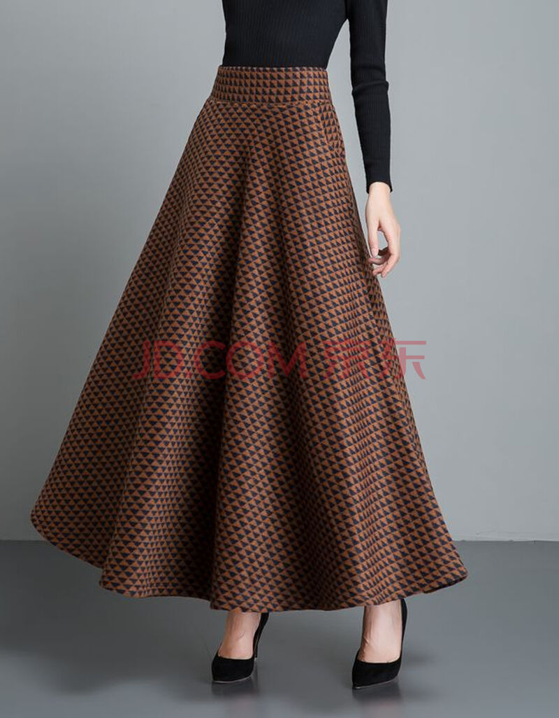 maheu裙四季新款秋冬格子毛呢半身裙女高腰中长款冬裙大码加厚a字长裙