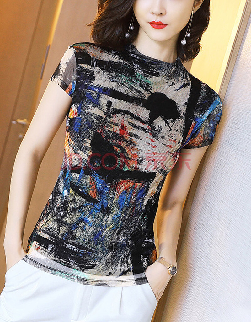 2020新款夏装上衣女修身显瘦网纱印花短袖t恤2161 水墨 l