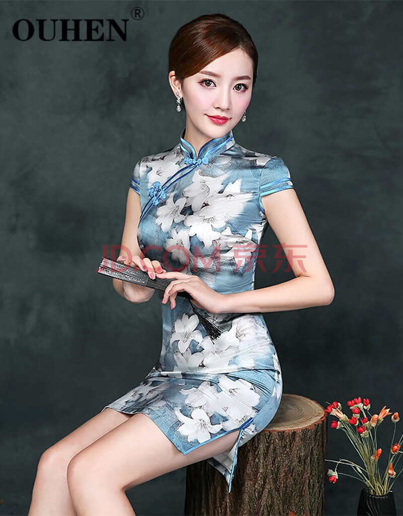 ouhen轻奢品牌女装 短款真丝旗袍女2020夏新款改良版复古中国风日常