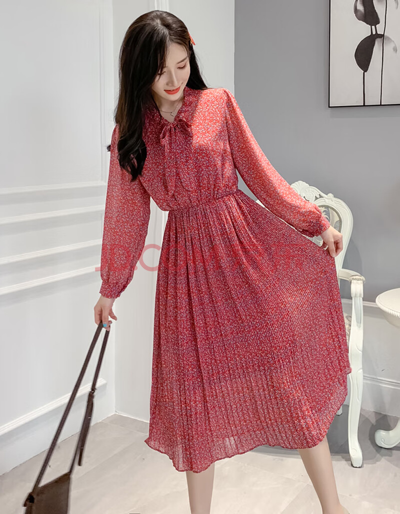 2020年秋季新款中长款韩版百搭蝴蝶结碎花长袖雪纺连衣裙 红色裙子 s