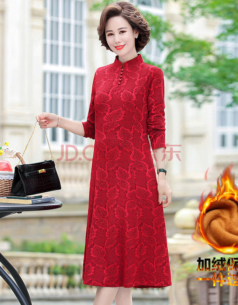 加肥加大码妈妈装中老年人中年长袖加绒中长款洋气女旗袍领长裙子厚