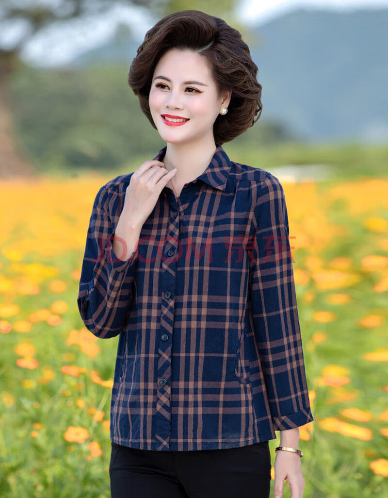 妈妈长袖衬衫春秋大码中年格子衬衣女老人宽松衣服奶奶装纯棉上衣