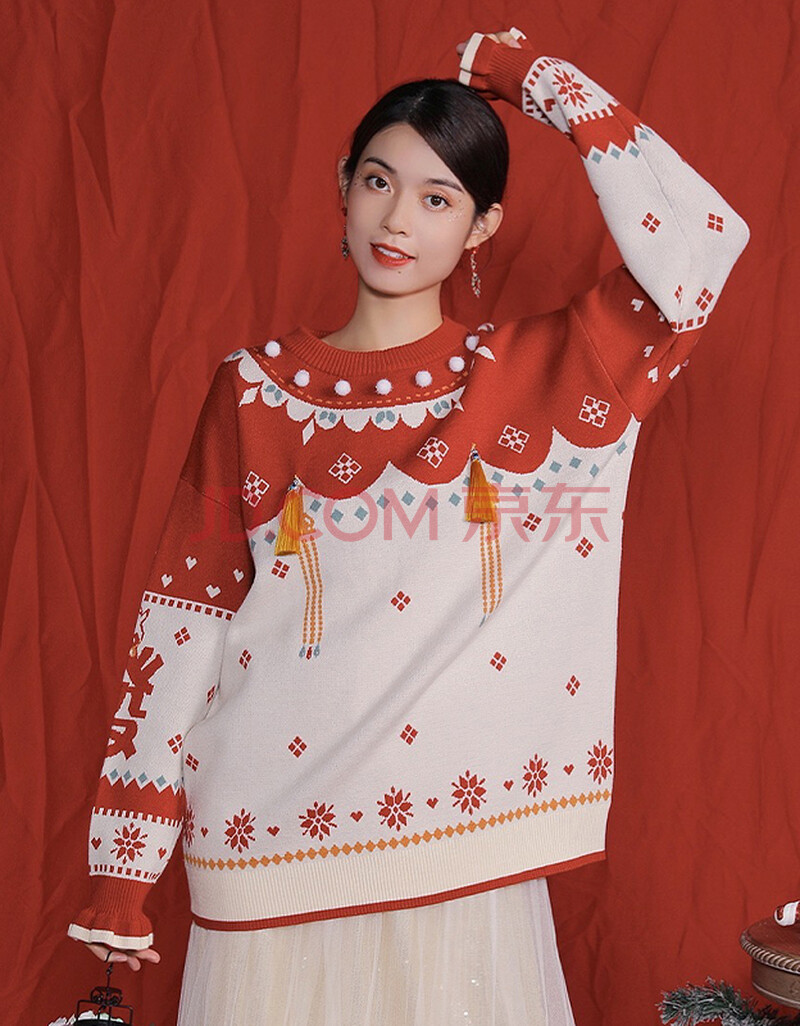 牛年本命年年轻衣服撞色套头毛衣宽松女红色时尚女装冬季- 红白撞色