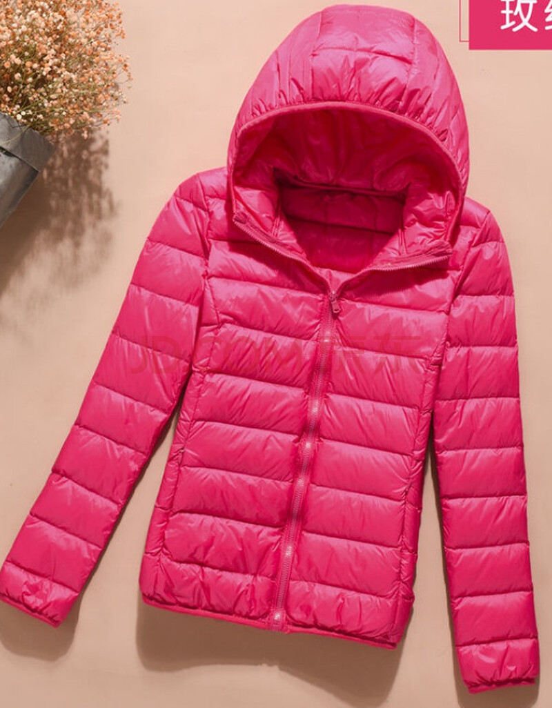 羽绒服女2020新款短款加大尺码立领修身连帽薄款外套女潮 玫红色(立领