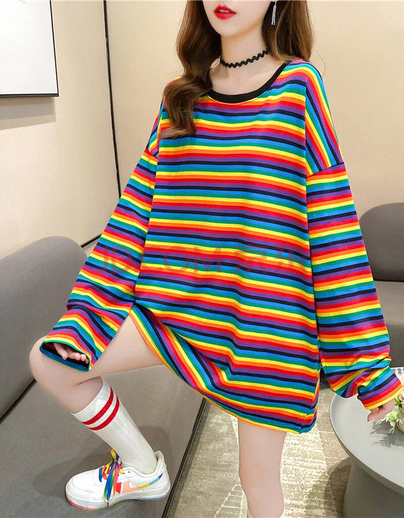 t恤女款宽松大版2020年春秋装韩版内搭打底衫彩虹条纹上衣ins秋季新品